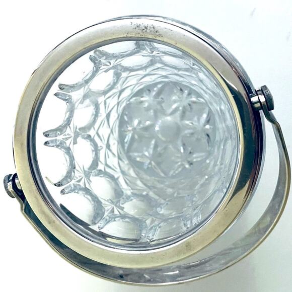 Vtg William Adams Cut Glass Crystal Ice Bucket Silver Plate Thumbprint Italy - Picture 8 of 12